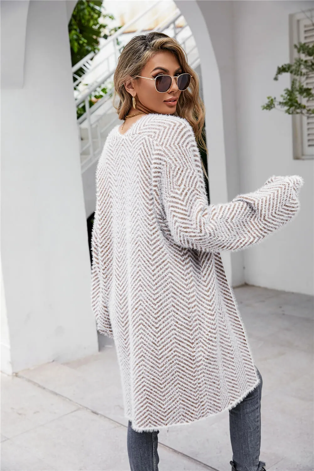 Herringbone Pattern Open Front Longline Fuzzy Cardigan