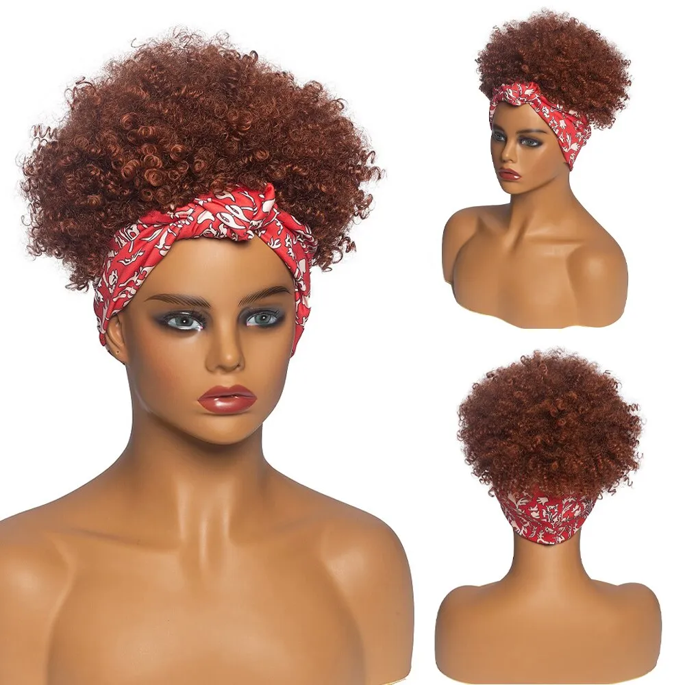 High Puff Turban Ponytail Short Kinky Curly Headwrap Drawstring Wrap-Ponytail 2 in 1 Updo Head-Wrap Wig