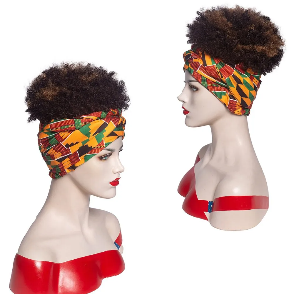 High Puff Turban Ponytail Short Kinky Curly Headwrap Drawstring Wrap-Ponytail 2 in 1 Updo Head-Wrap Wig