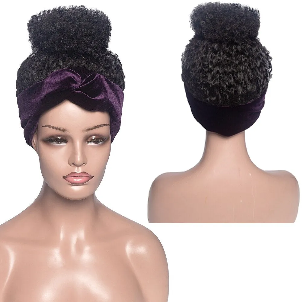 High Puff Turban Ponytail Short Kinky Curly Headwrap Drawstring Wrap-Ponytail 2 in 1 Updo Head-Wrap Wig