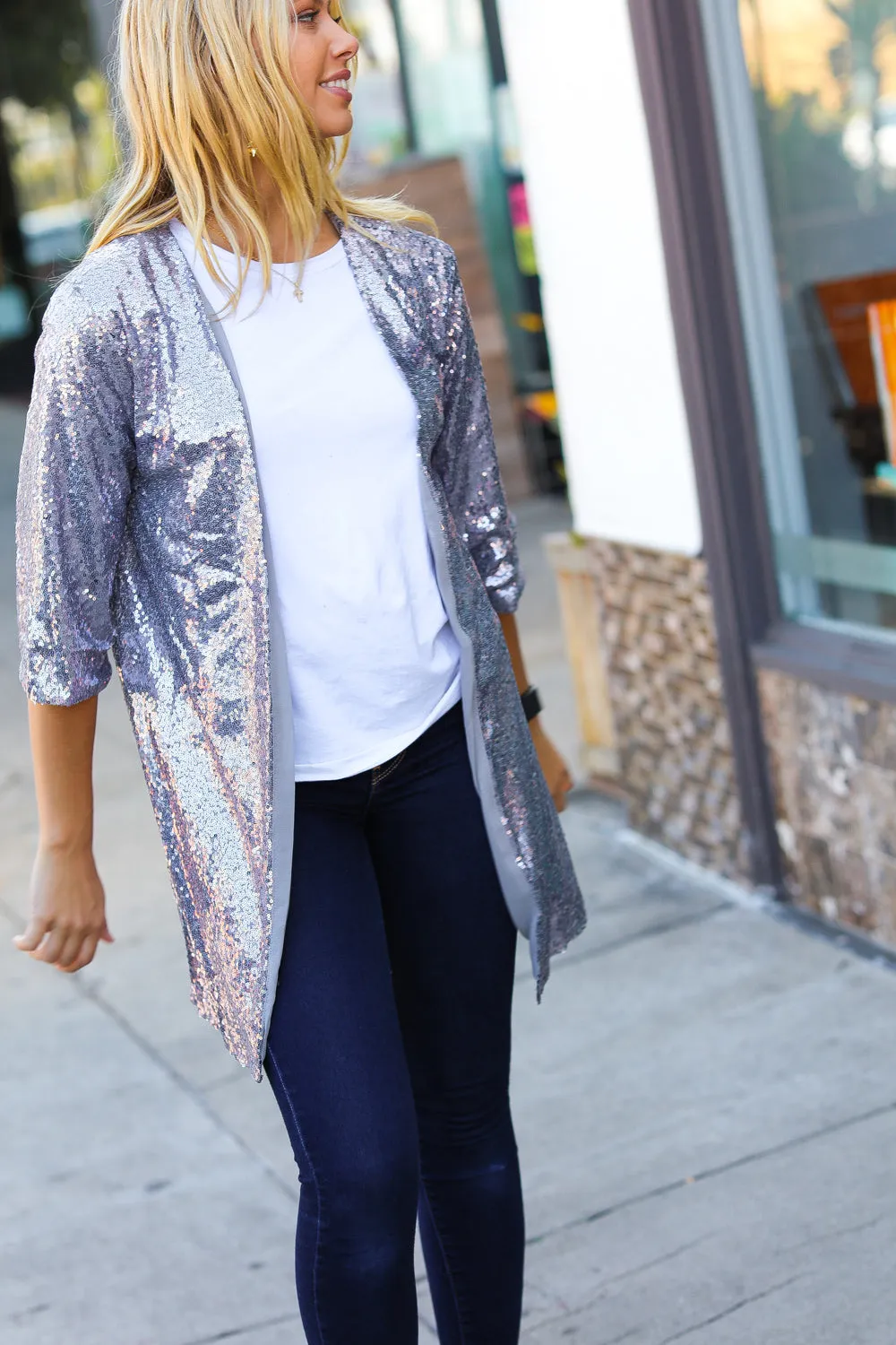 Holiday Silver Iridescent Sequin Open Lined Cardigan