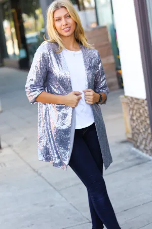 Holiday Silver Iridescent Sequin Open Lined Cardigan