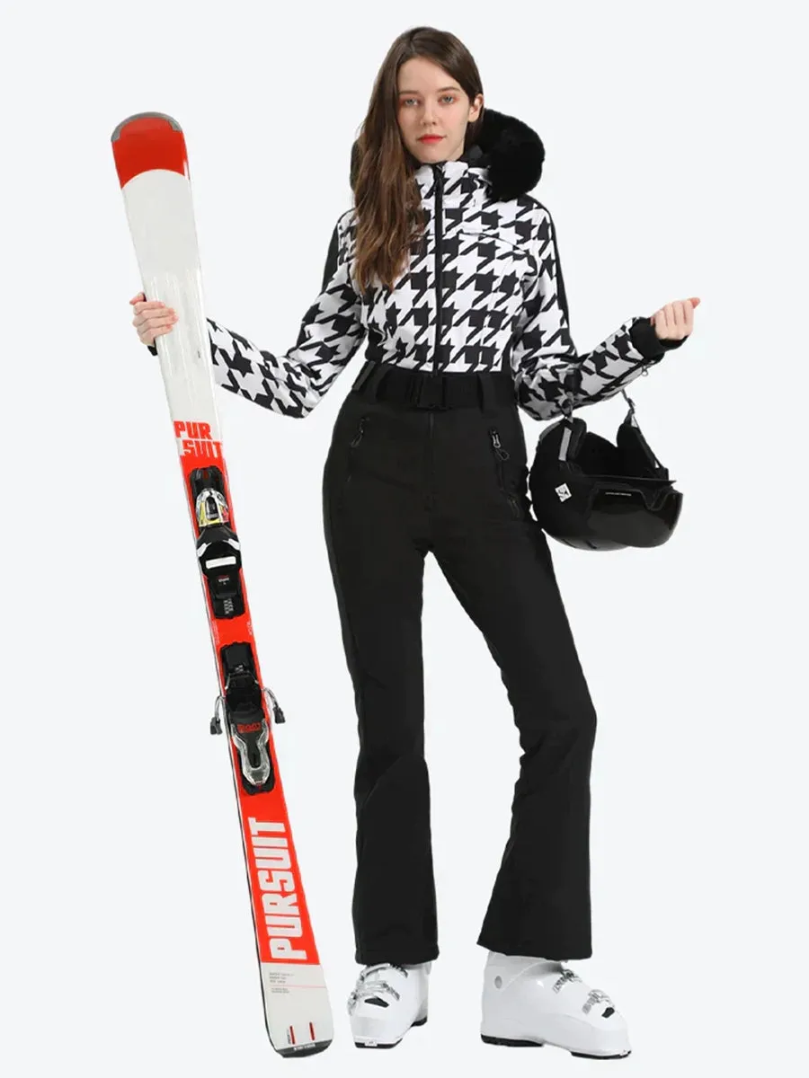 Houndstooth Slim One Piece Ski Suit Fur Collar Design