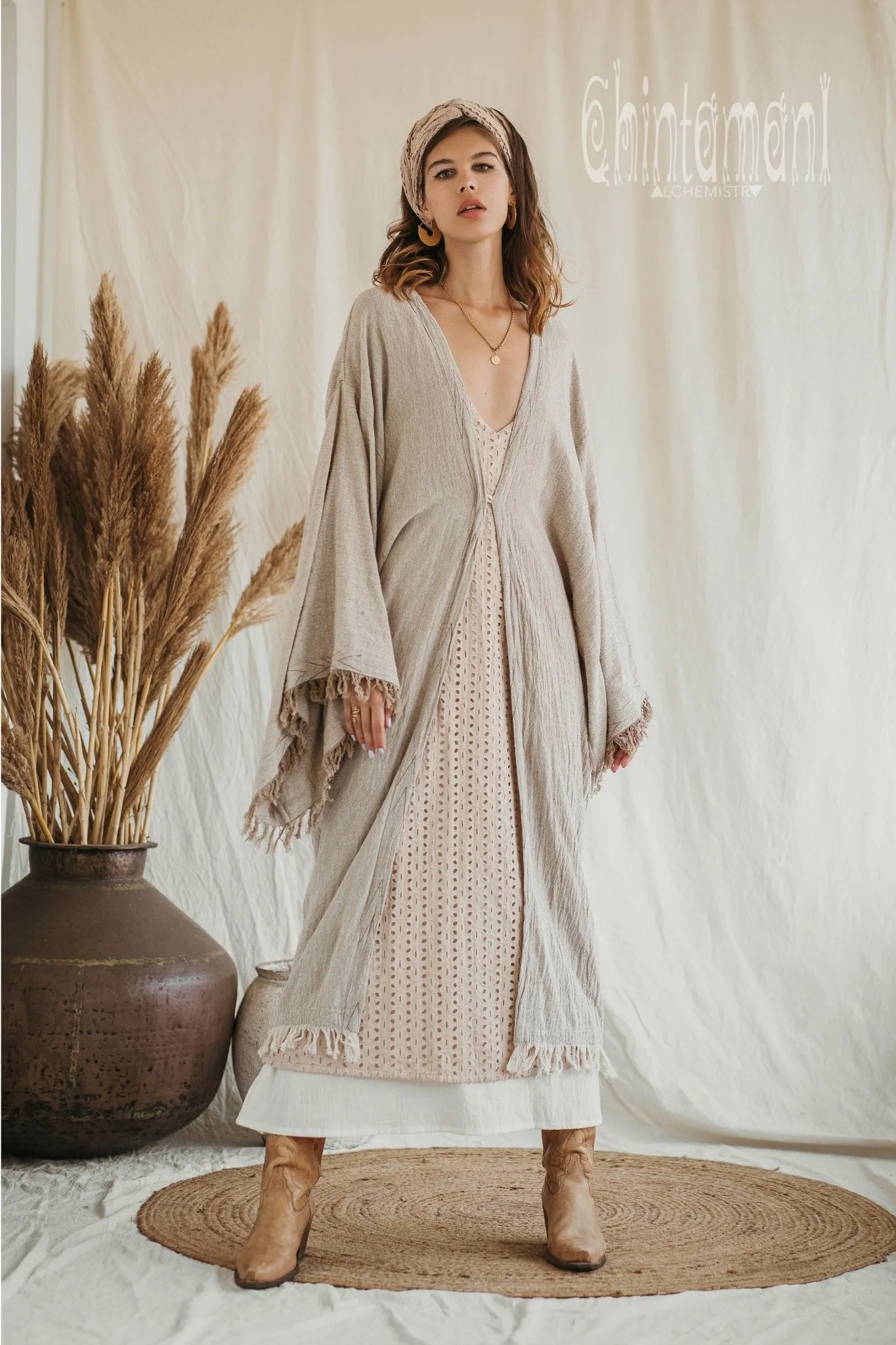 Huge Wide Sleeves Kimono Cardigan ∆ Raw Cotton Wrap Robe / Beige