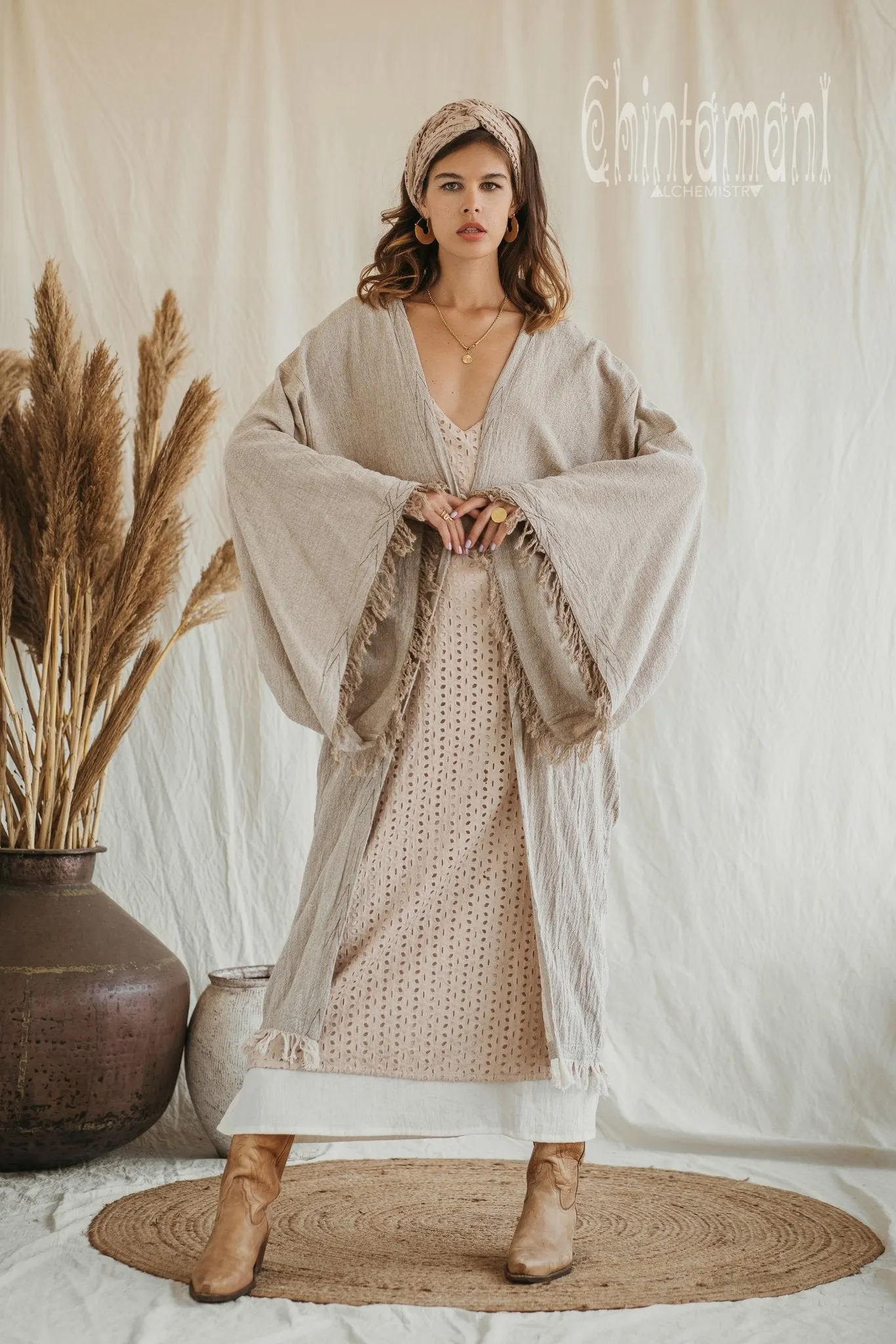 Huge Wide Sleeves Kimono Cardigan ∆ Raw Cotton Wrap Robe / Beige