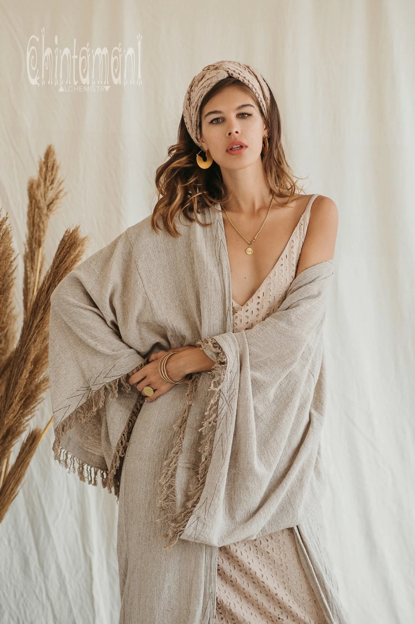 Huge Wide Sleeves Kimono Cardigan ∆ Raw Cotton Wrap Robe / Beige