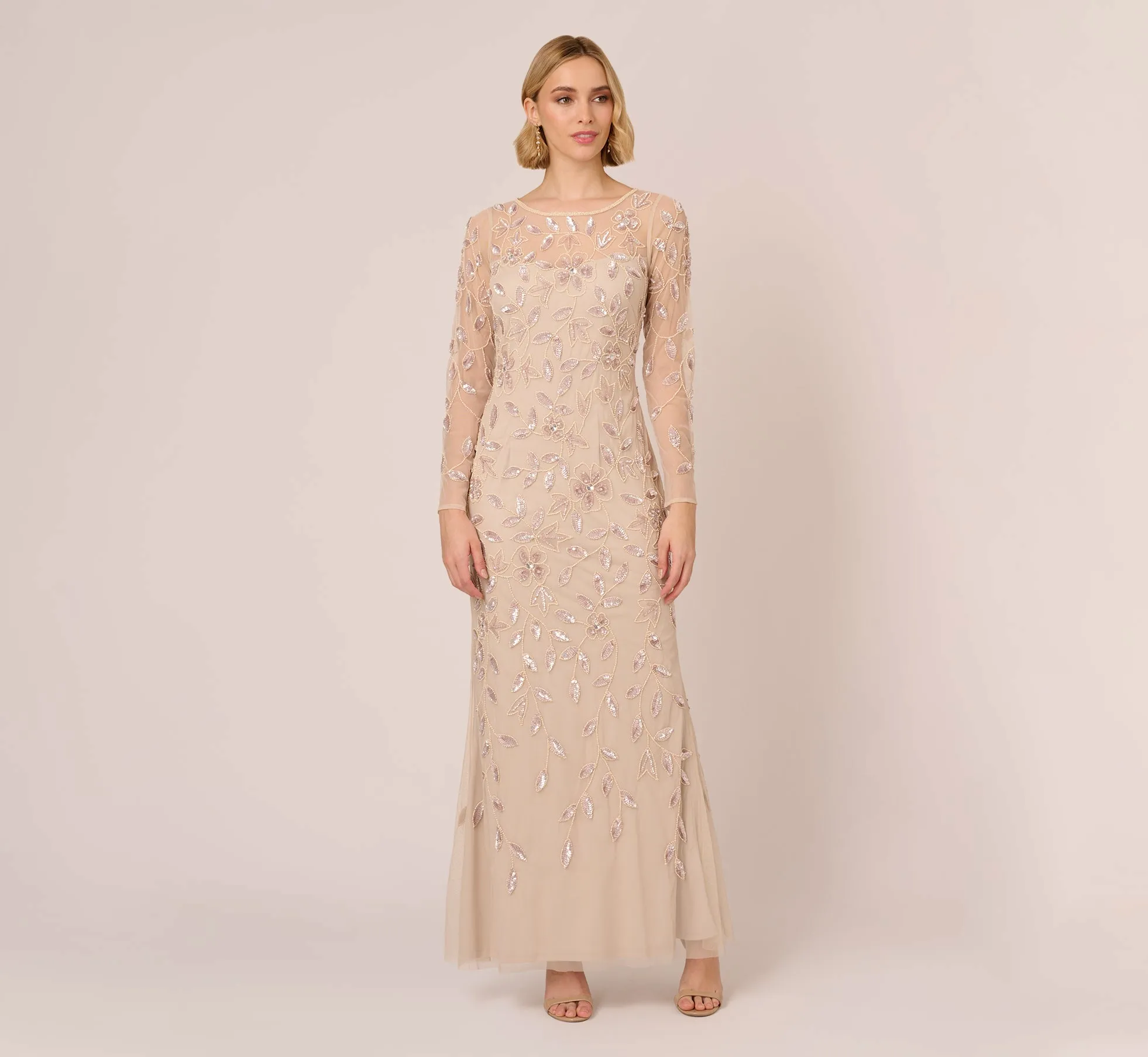 Illusion Floral Beaded Gown With Sheer Long Sleeves In Latte