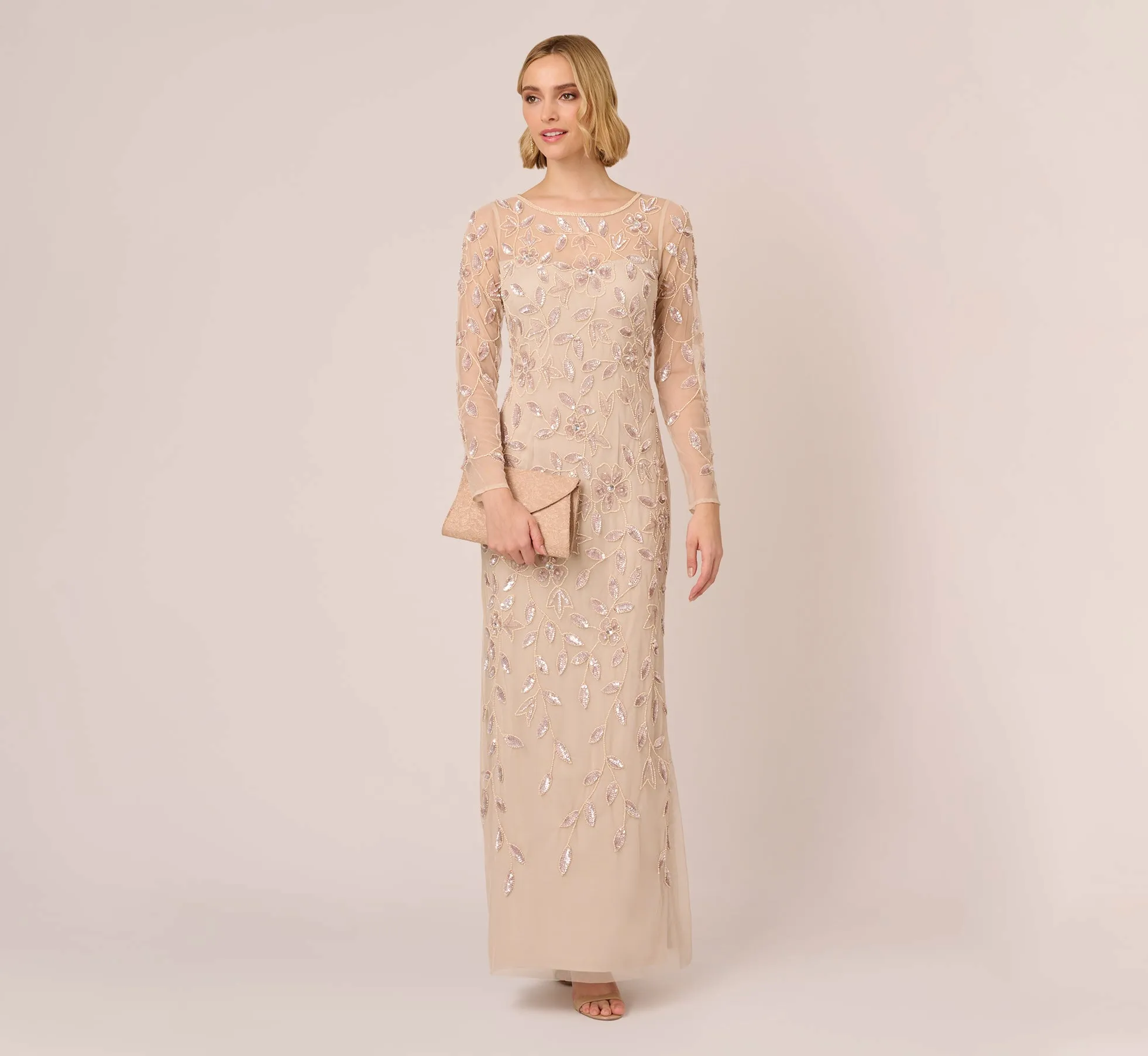 Illusion Floral Beaded Gown With Sheer Long Sleeves In Latte