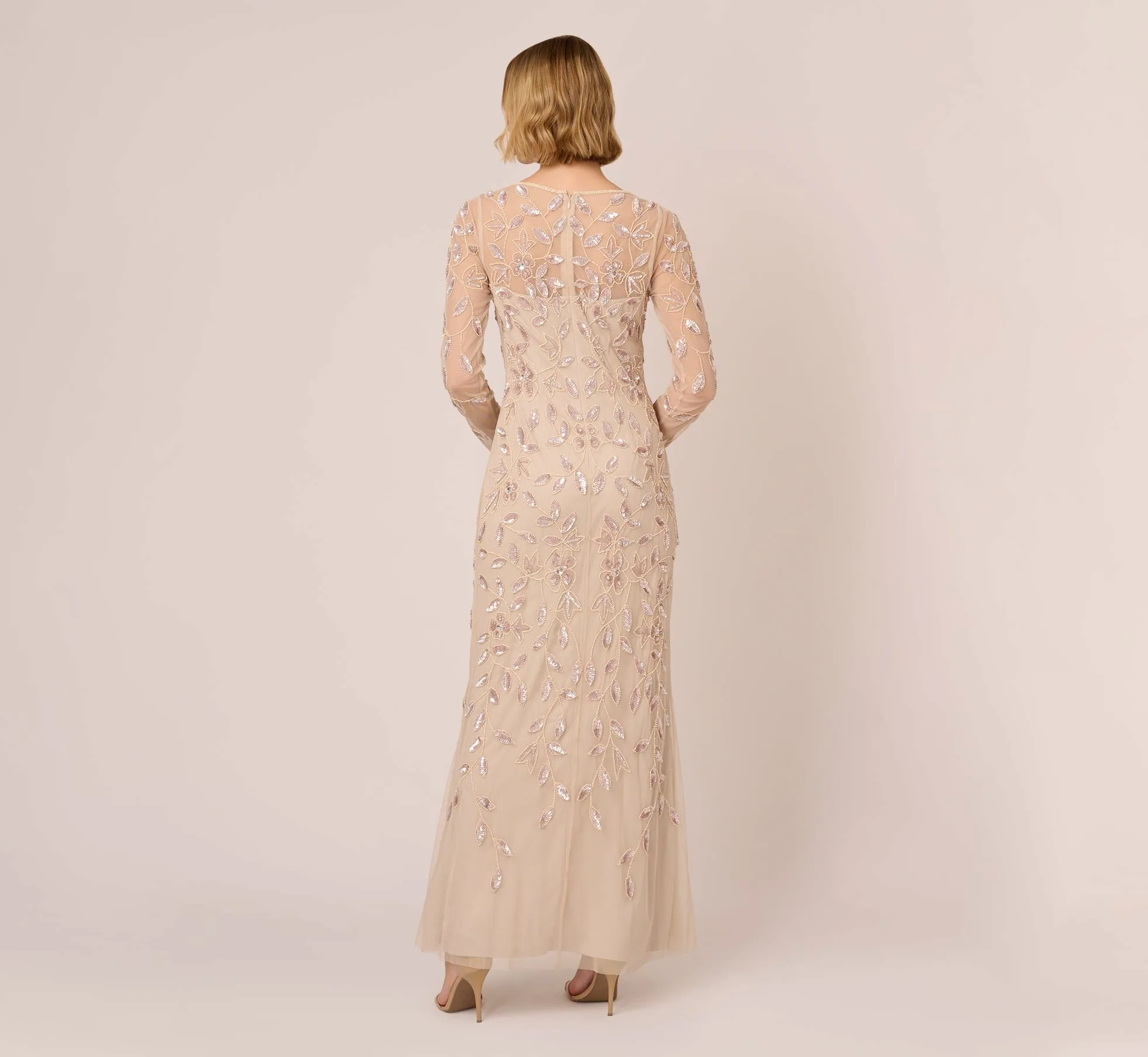 Illusion Floral Beaded Gown With Sheer Long Sleeves In Latte