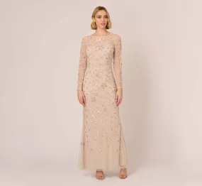 Illusion Floral Beaded Gown With Sheer Long Sleeves In Latte