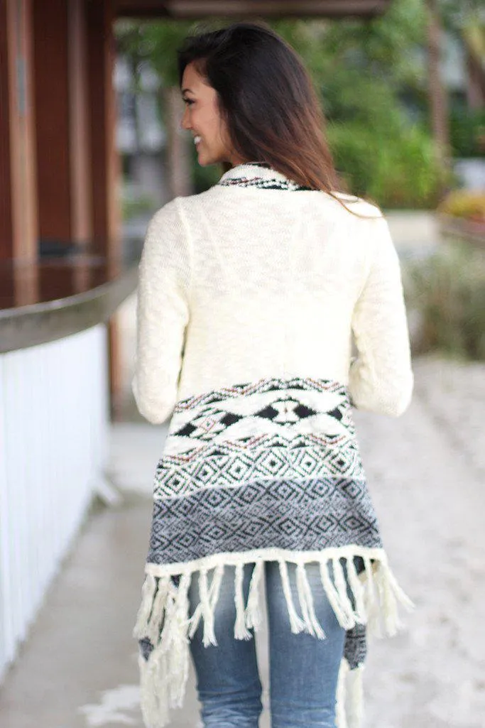 Ivory Aztec Fringe Cardigan