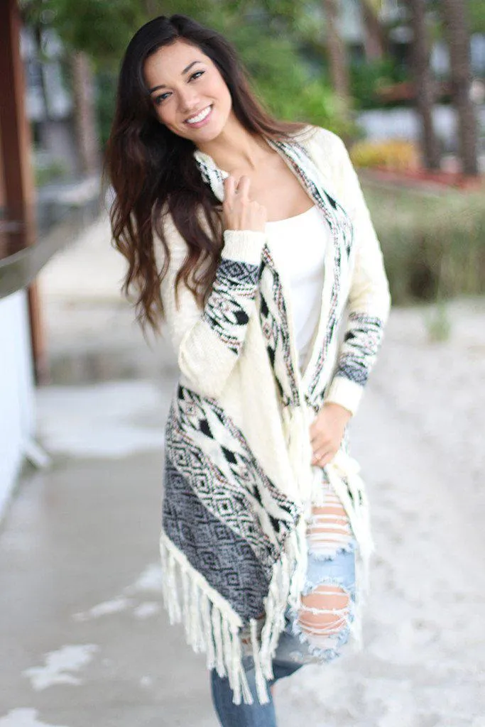 Ivory Aztec Fringe Cardigan