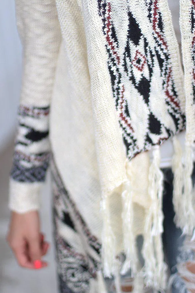 Ivory Aztec Fringe Cardigan