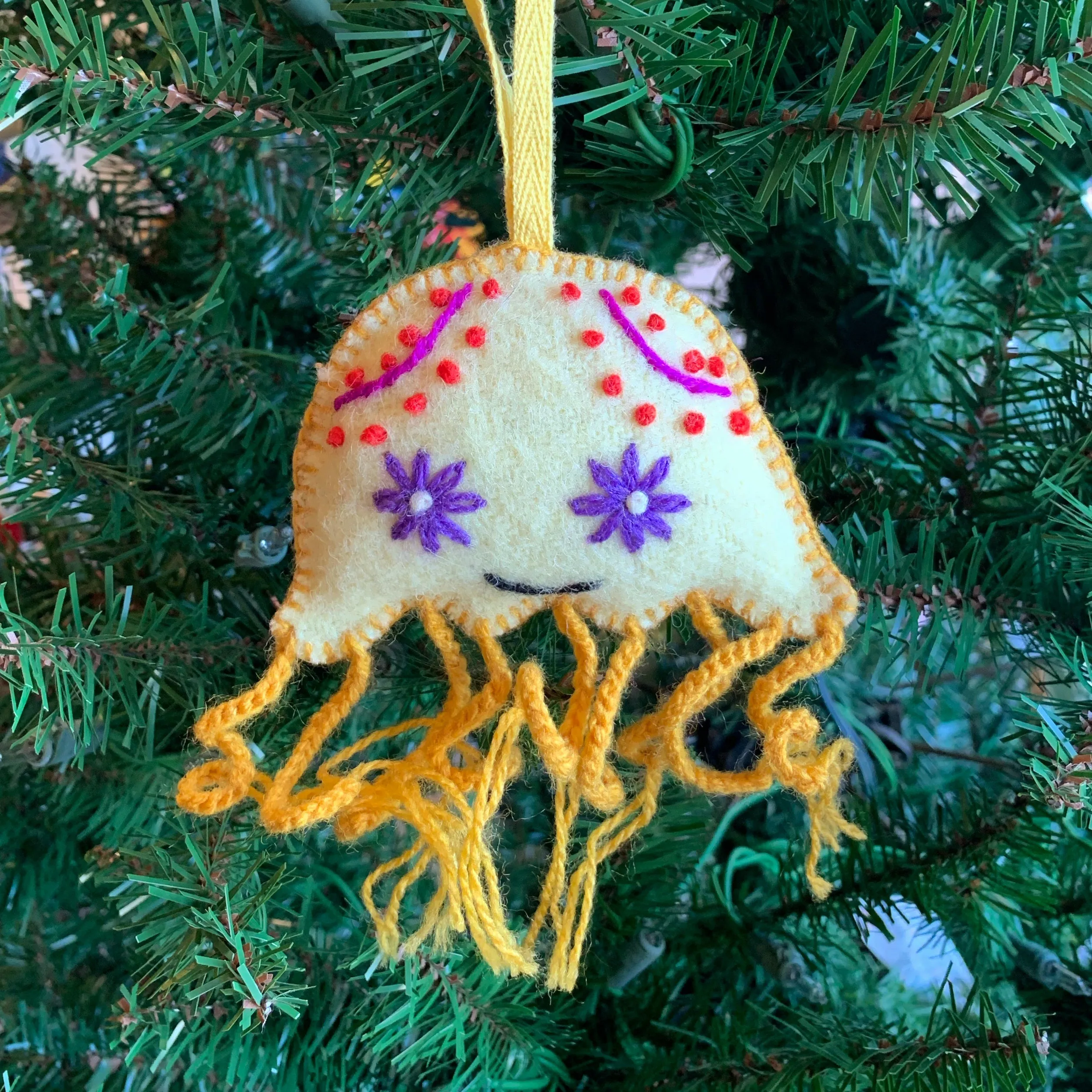 Jellyfish Ornament, Embroidered Wool