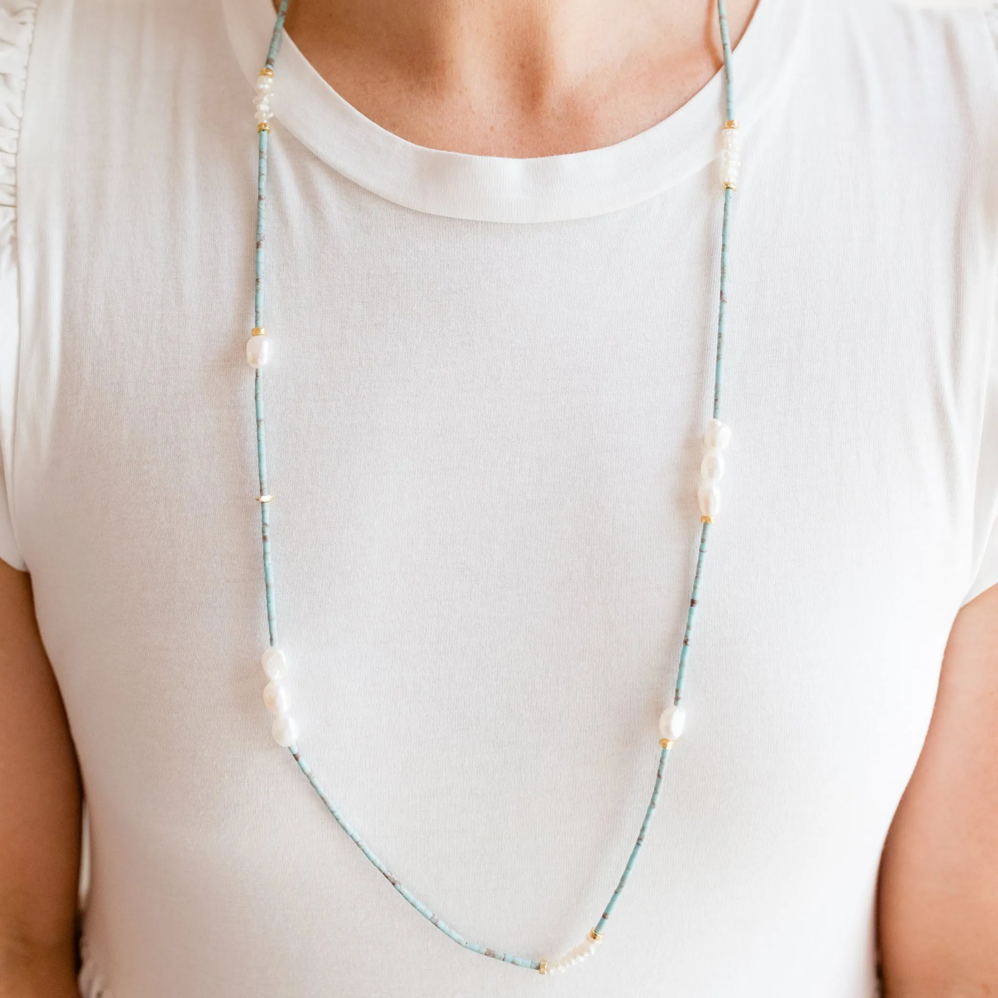 Jess Turquoise and Pearl Necklace (Long) | Artisan Elegance Turquoise Necklace with Gold Accents | By Pearly Girls