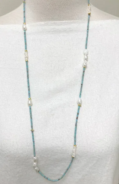 Jess Turquoise and Pearl Necklace (Long) | Artisan Elegance Turquoise Necklace with Gold Accents | By Pearly Girls