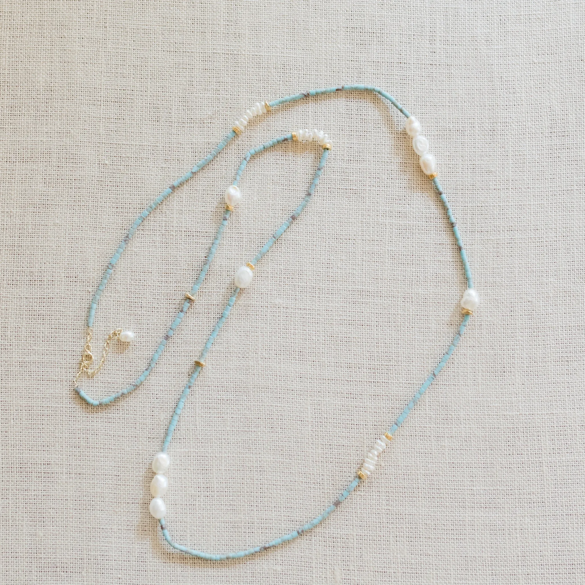 Jess Turquoise and Pearl Necklace (Long) | Artisan Elegance Turquoise Necklace with Gold Accents | By Pearly Girls