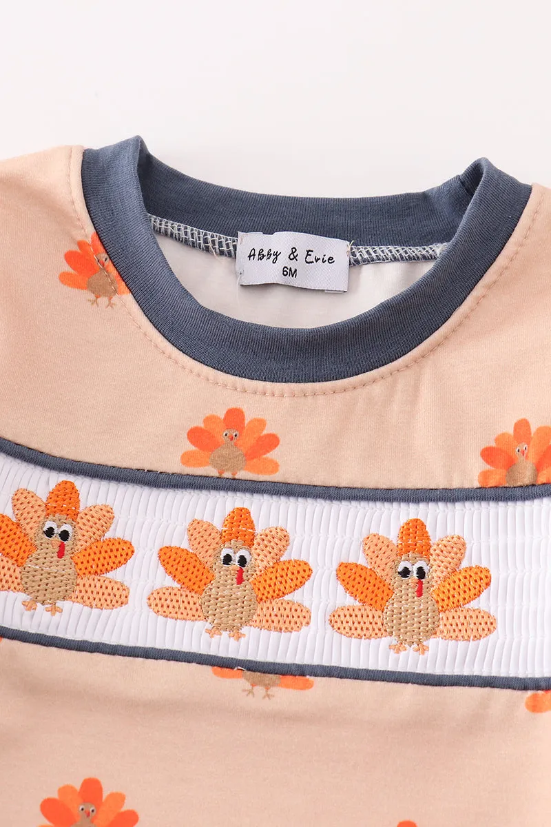 Khaki turkey embroidery smocked boy romper