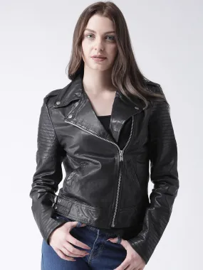 Ladies Black Biker Jacket with Waist Buckled Closure