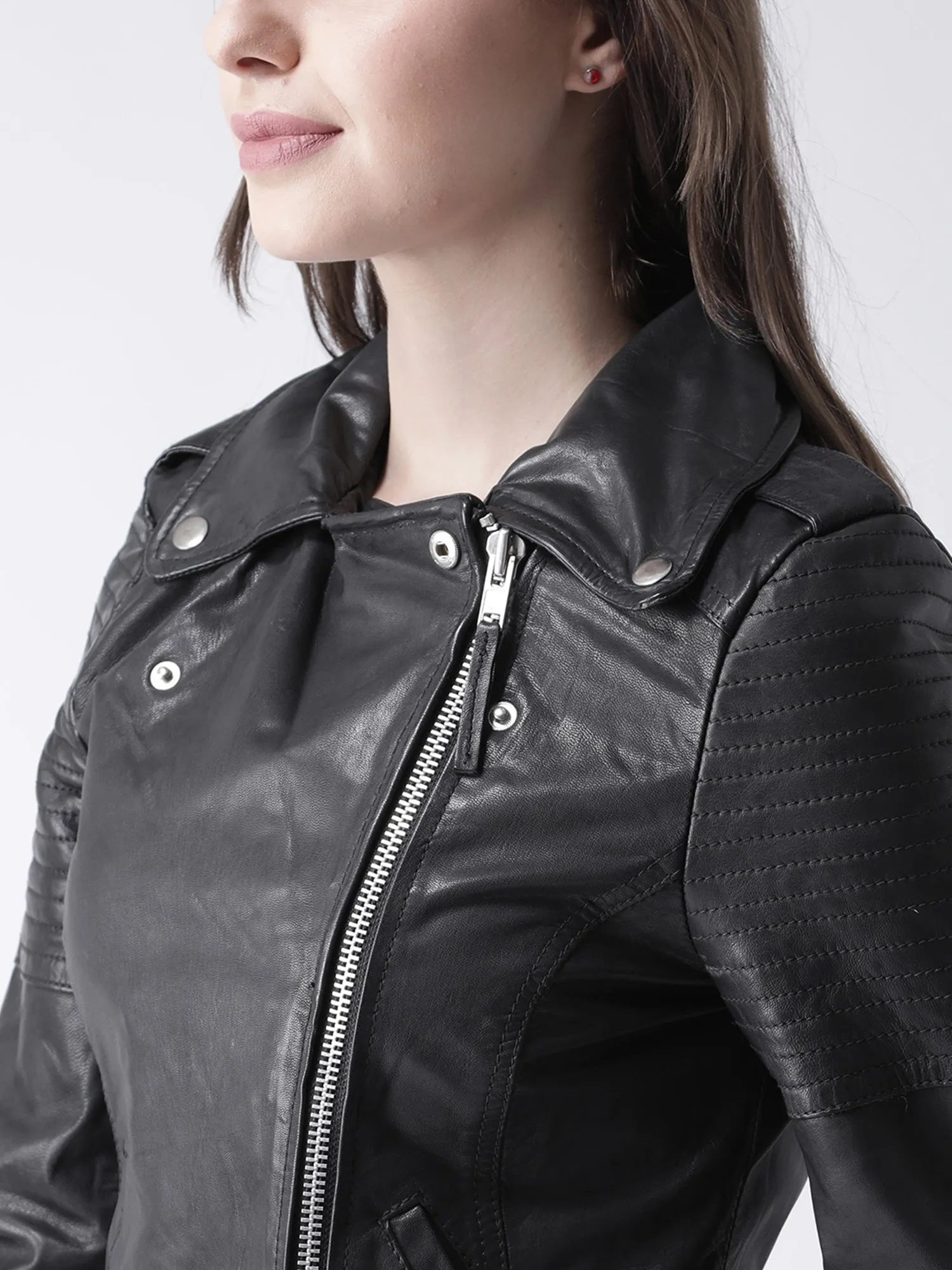 Ladies Black Biker Jacket with Waist Buckled Closure