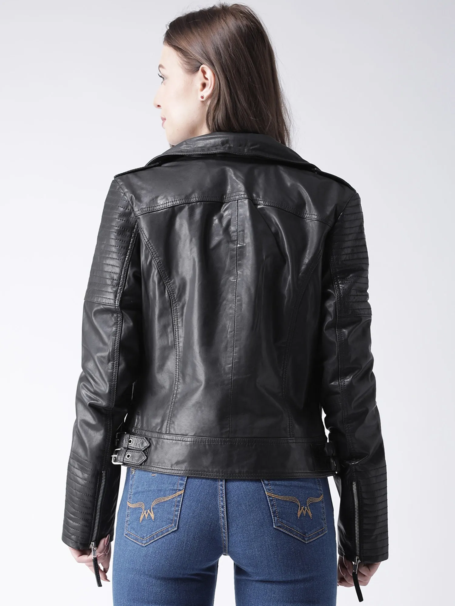 Ladies Black Biker Jacket with Waist Buckled Closure