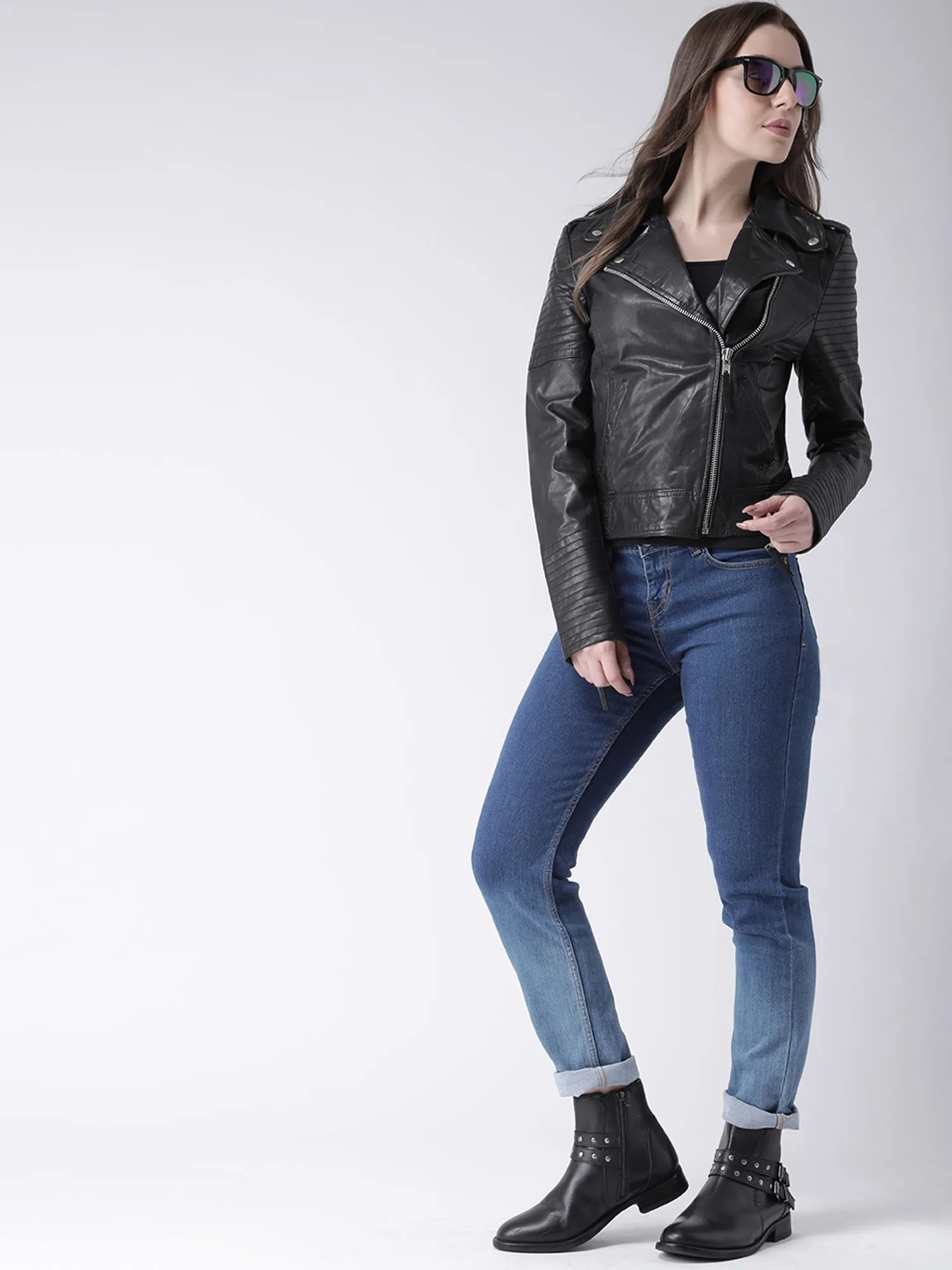 Ladies Black Biker Jacket with Waist Buckled Closure