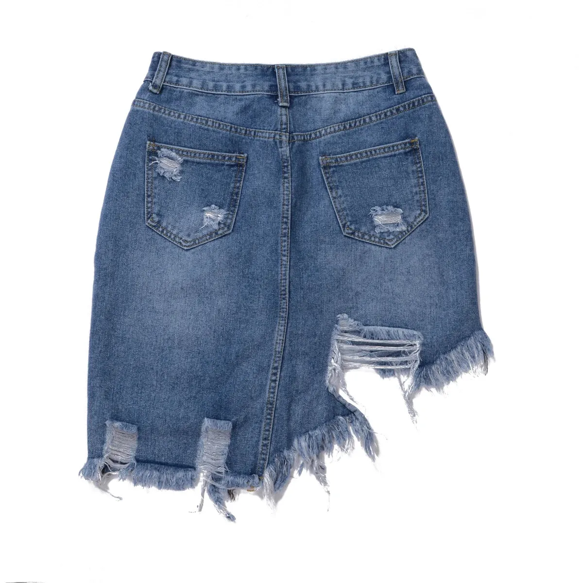 Ladies Denim Skirts Women’s Dissymmetry Personality Rough Edge Slimming High Waist Wrap Hip Skirts Ripped Short Mini Skirt