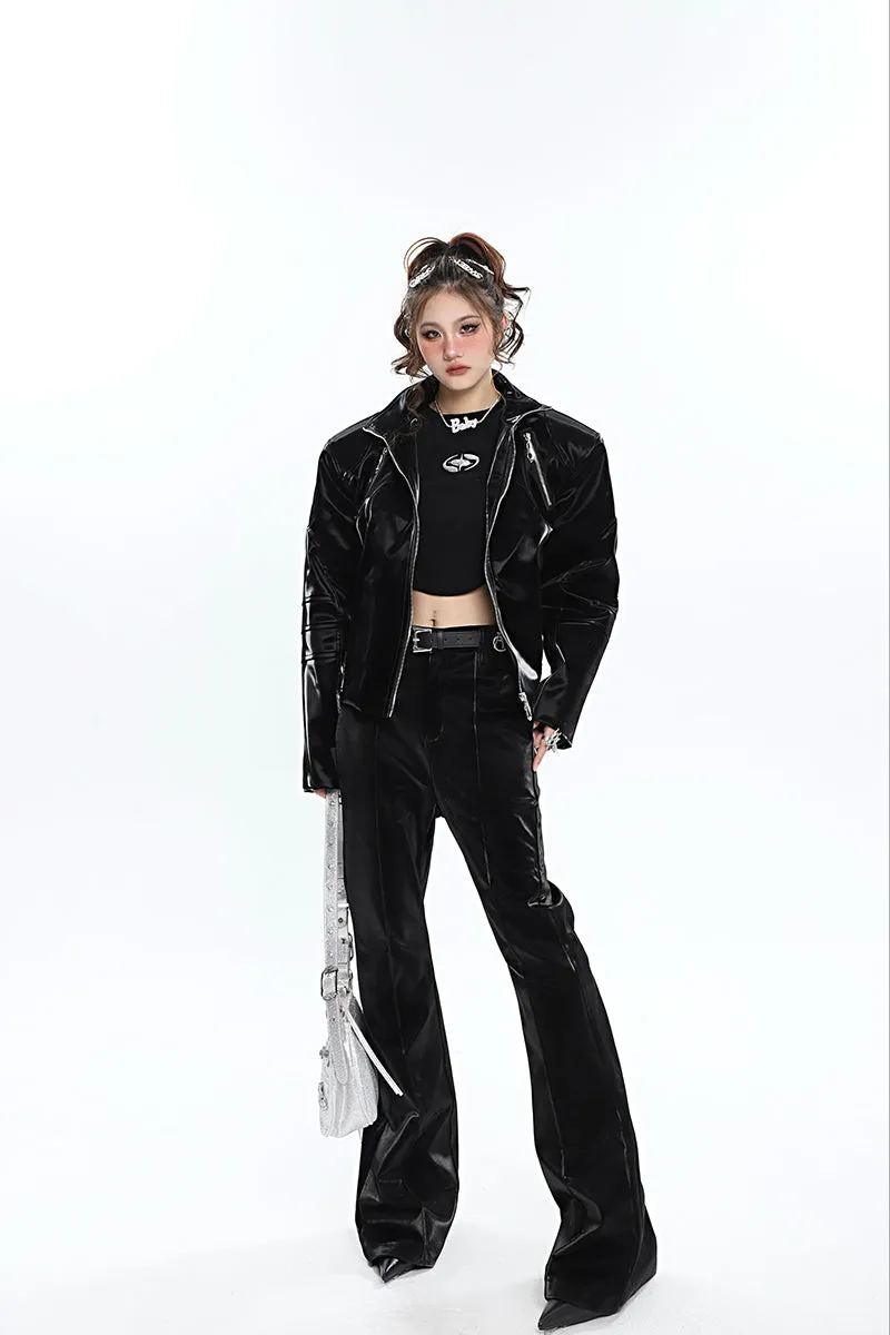 Lauren Solid Color Silver Reflective Multi Zipper Zip Up Patchwork Turtleneck Long Sleeve Jacket