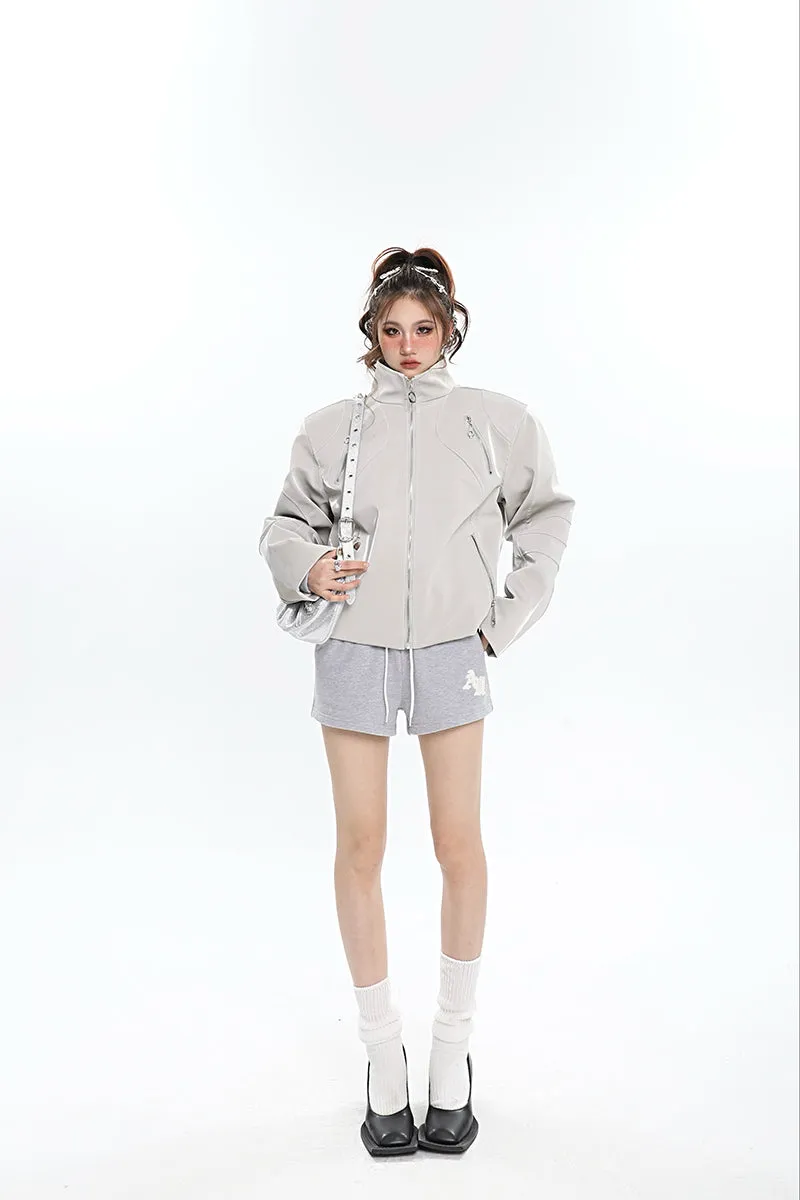 Lauren Solid Color Silver Reflective Multi Zipper Zip Up Patchwork Turtleneck Long Sleeve Jacket