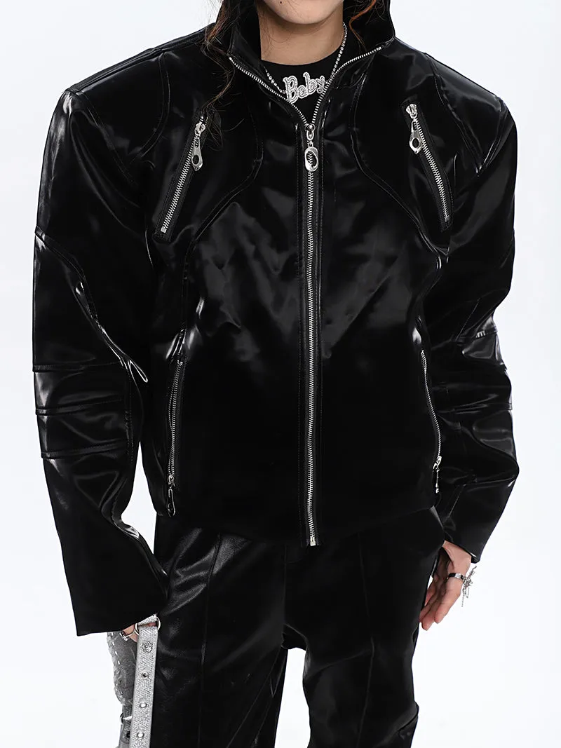 Lauren Solid Color Silver Reflective Multi Zipper Zip Up Patchwork Turtleneck Long Sleeve Jacket