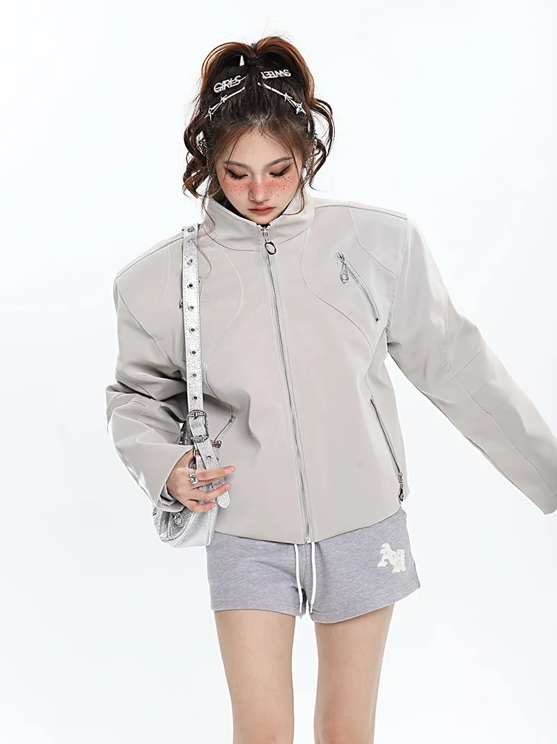 Lauren Solid Color Silver Reflective Multi Zipper Zip Up Patchwork Turtleneck Long Sleeve Jacket