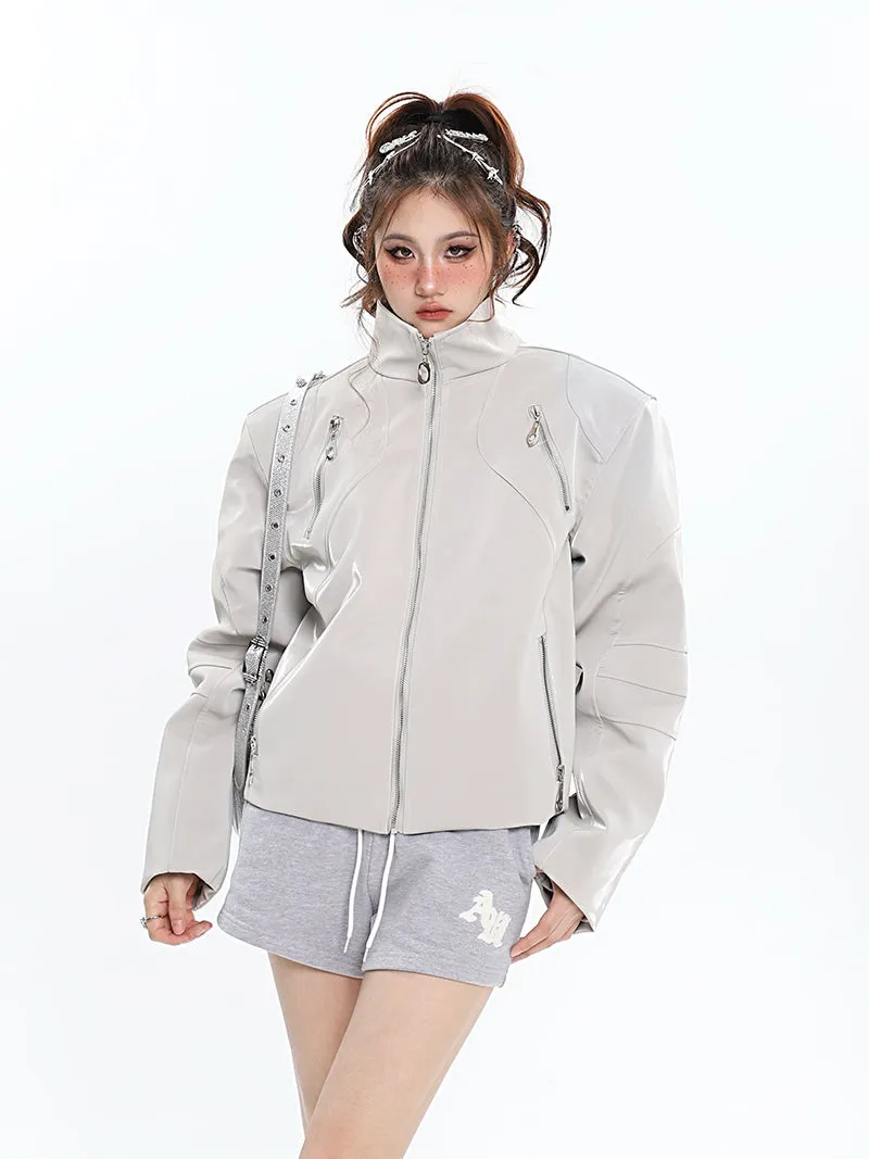 Lauren Solid Color Silver Reflective Multi Zipper Zip Up Patchwork Turtleneck Long Sleeve Jacket