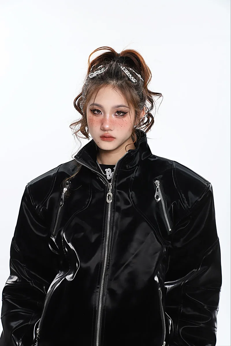 Lauren Solid Color Silver Reflective Multi Zipper Zip Up Patchwork Turtleneck Long Sleeve Jacket