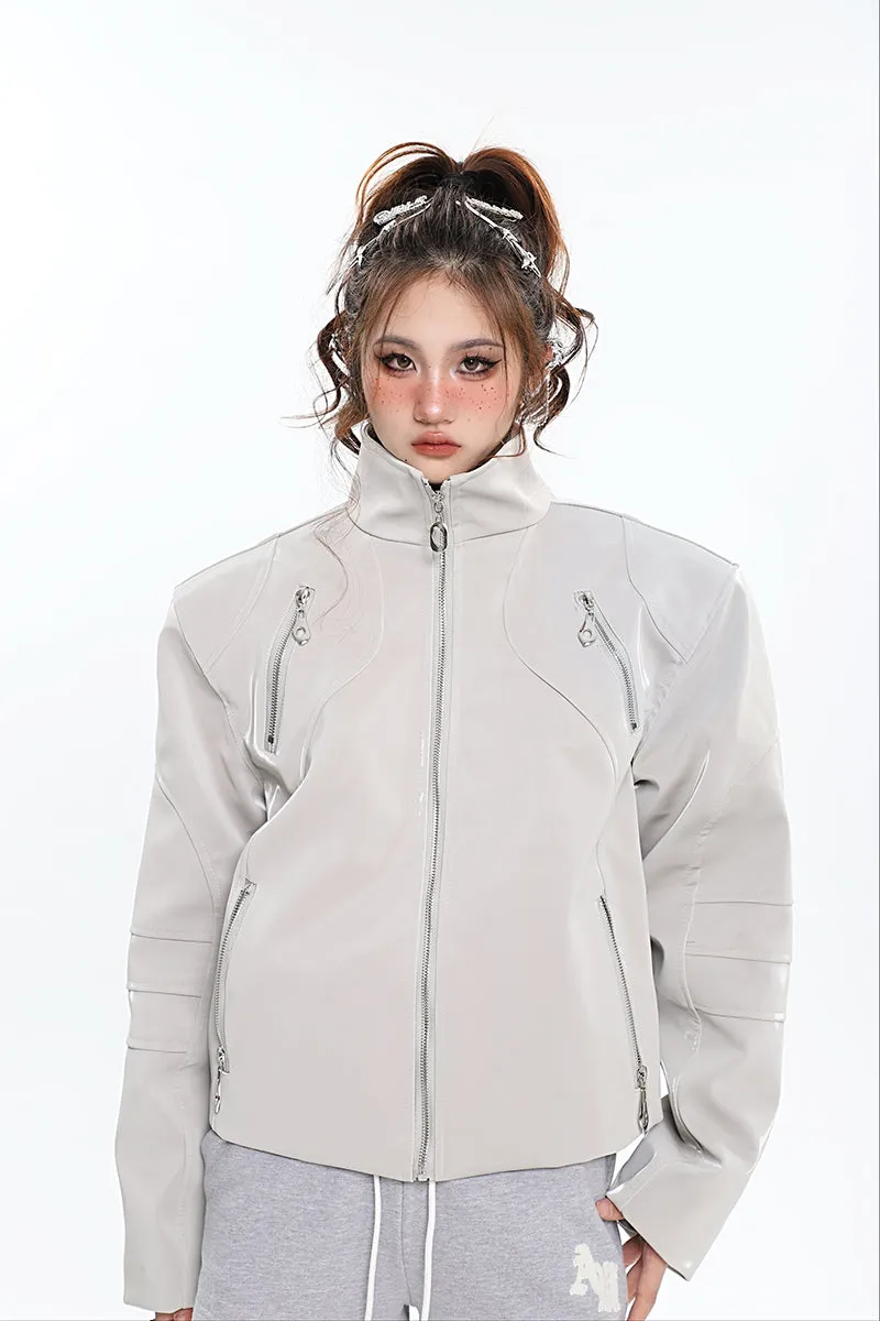 Lauren Solid Color Silver Reflective Multi Zipper Zip Up Patchwork Turtleneck Long Sleeve Jacket