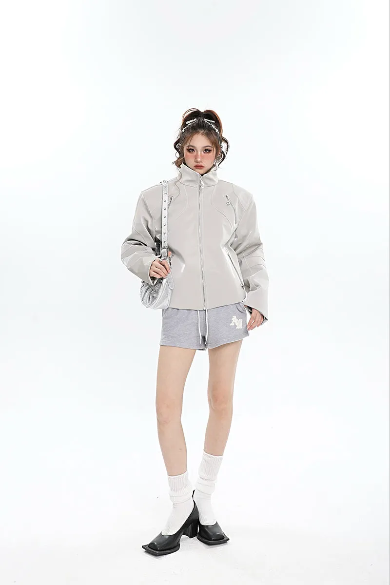 Lauren Solid Color Silver Reflective Multi Zipper Zip Up Patchwork Turtleneck Long Sleeve Jacket