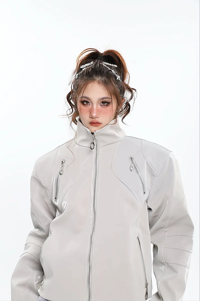 Lauren Solid Color Silver Reflective Multi Zipper Zip Up Patchwork Turtleneck Long Sleeve Jacket