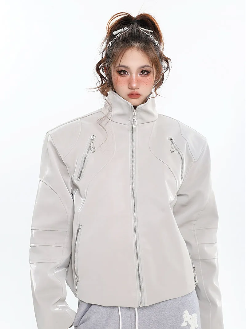 Lauren Solid Color Silver Reflective Multi Zipper Zip Up Patchwork Turtleneck Long Sleeve Jacket