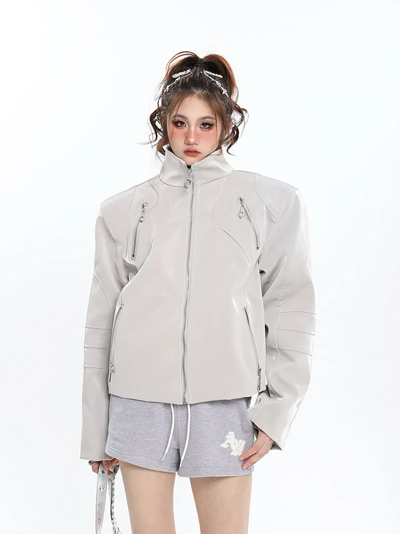 Lauren Solid Color Silver Reflective Multi Zipper Zip Up Patchwork Turtleneck Long Sleeve Jacket