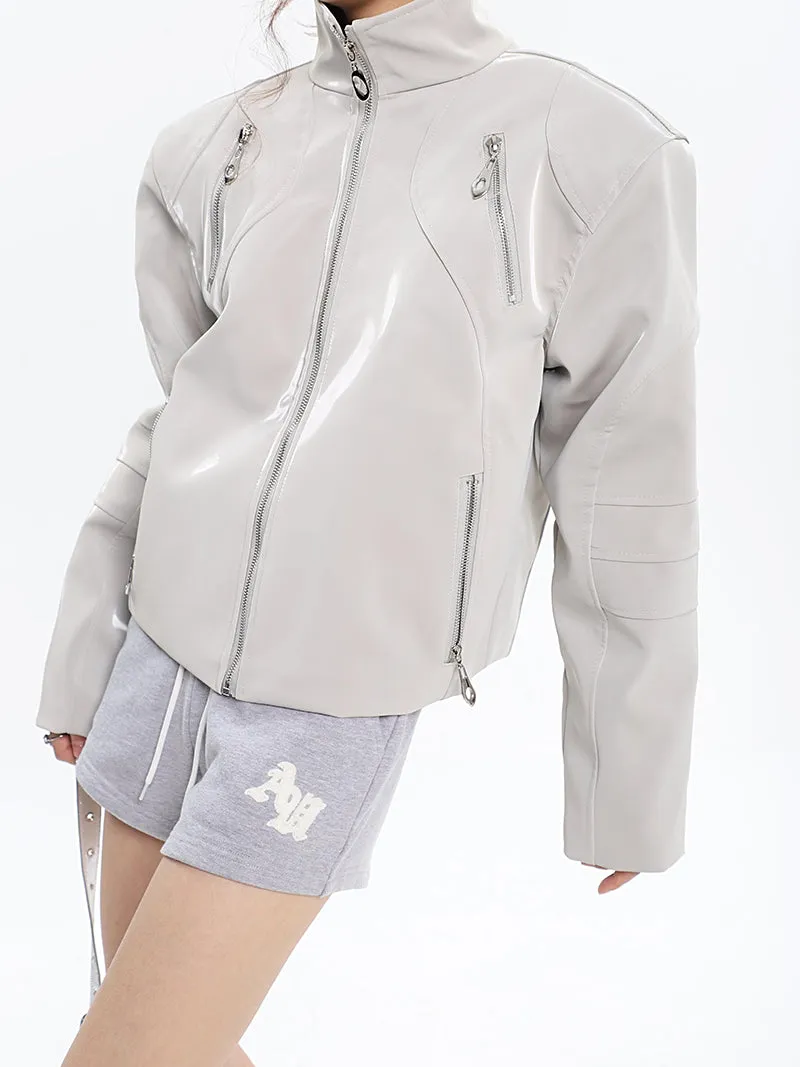 Lauren Solid Color Silver Reflective Multi Zipper Zip Up Patchwork Turtleneck Long Sleeve Jacket