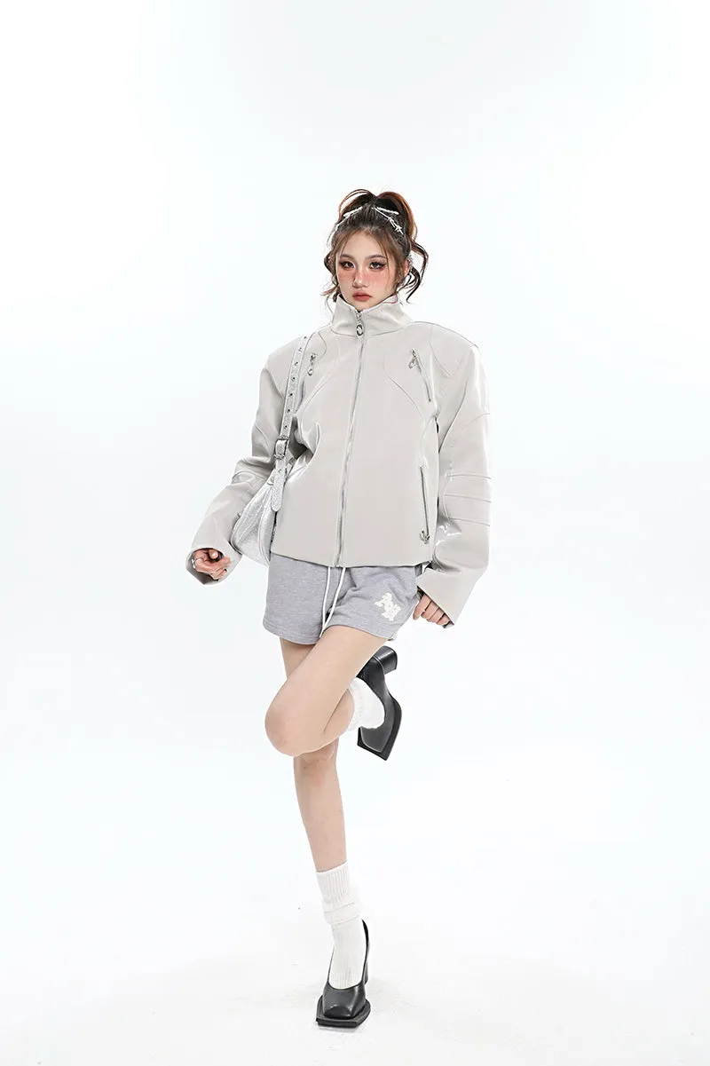 Lauren Solid Color Silver Reflective Multi Zipper Zip Up Patchwork Turtleneck Long Sleeve Jacket