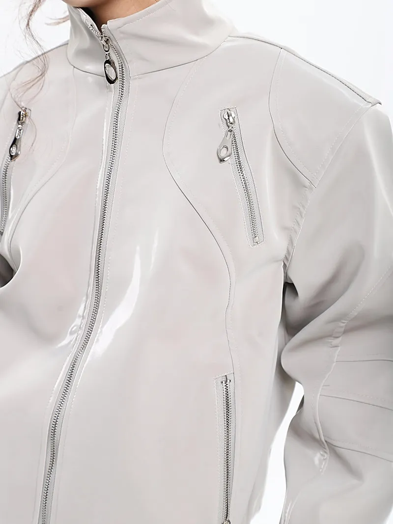 Lauren Solid Color Silver Reflective Multi Zipper Zip Up Patchwork Turtleneck Long Sleeve Jacket