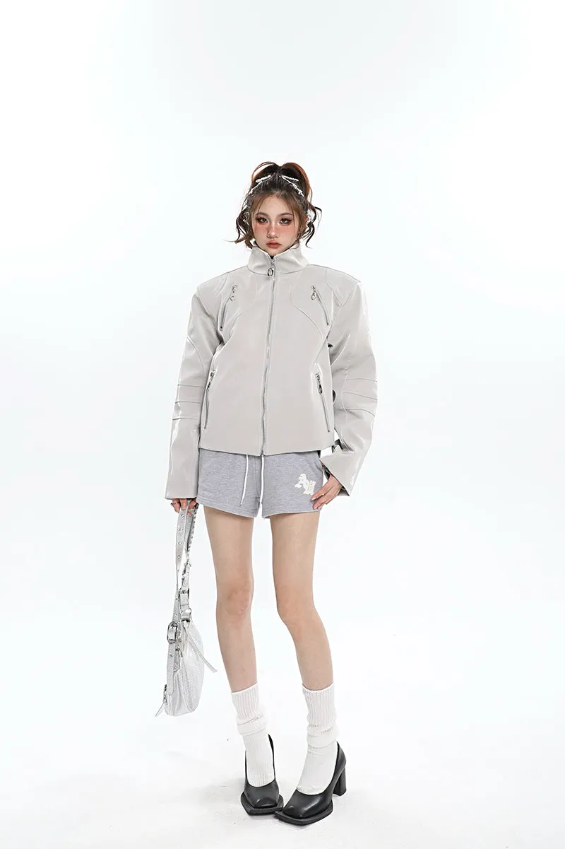 Lauren Solid Color Silver Reflective Multi Zipper Zip Up Patchwork Turtleneck Long Sleeve Jacket