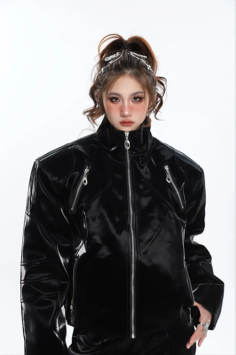 Lauren Solid Color Silver Reflective Multi Zipper Zip Up Patchwork Turtleneck Long Sleeve Jacket