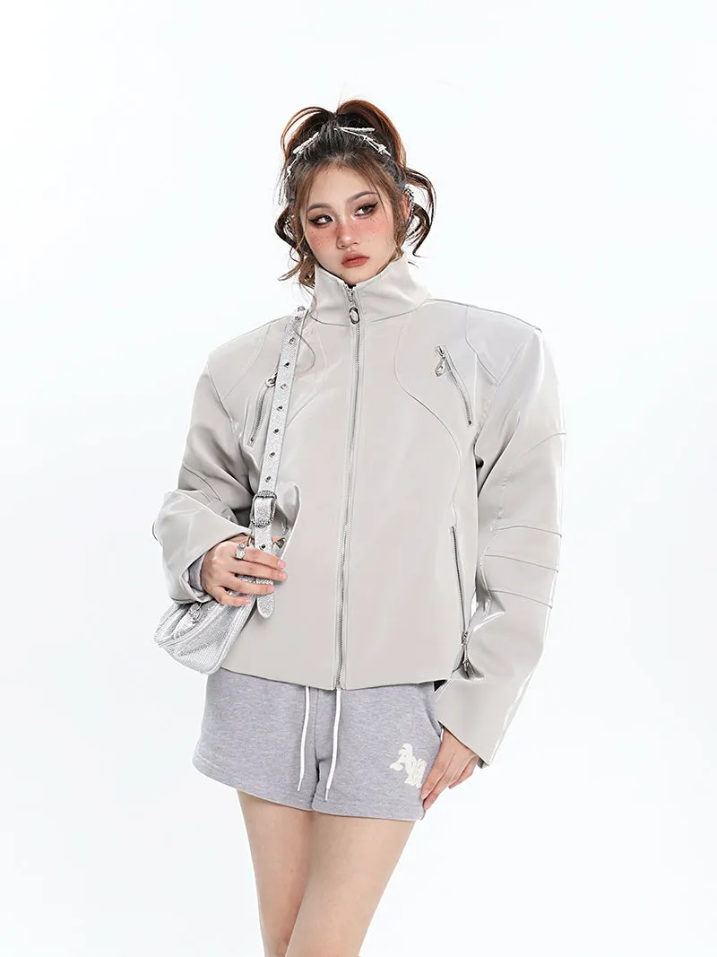 Lauren Solid Color Silver Reflective Multi Zipper Zip Up Patchwork Turtleneck Long Sleeve Jacket