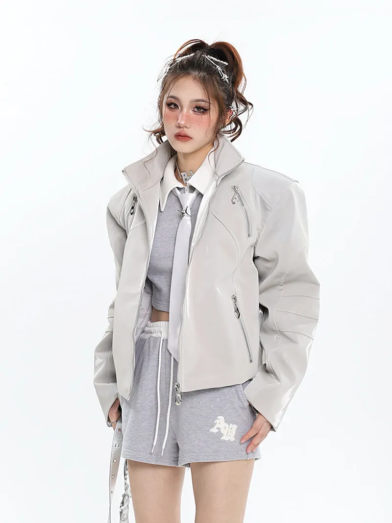 Lauren Solid Color Silver Reflective Multi Zipper Zip Up Patchwork Turtleneck Long Sleeve Jacket