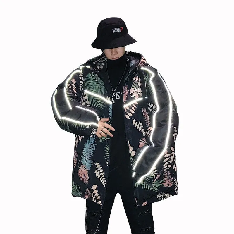 Leaves Printing with Reflective Strip Men Hooded Streetwear Jacket