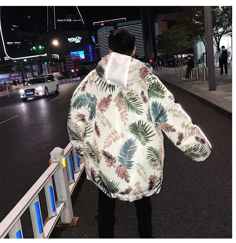 Leaves Printing with Reflective Strip Men Hooded Streetwear Jacket