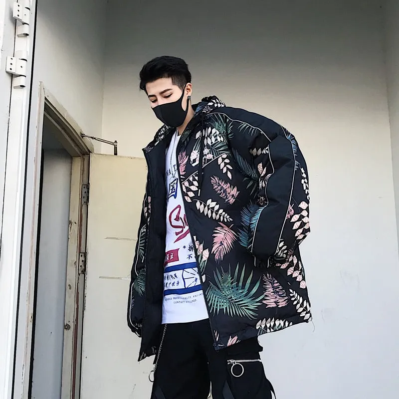 Leaves Printing with Reflective Strip Men Hooded Streetwear Jacket