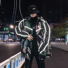 Leaves Printing with Reflective Strip Men Hooded Streetwear Jacket