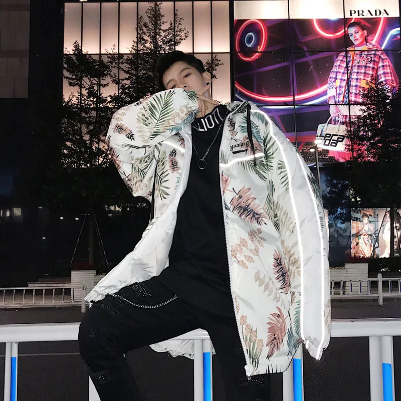 Leaves Printing with Reflective Strip Men Hooded Streetwear Jacket